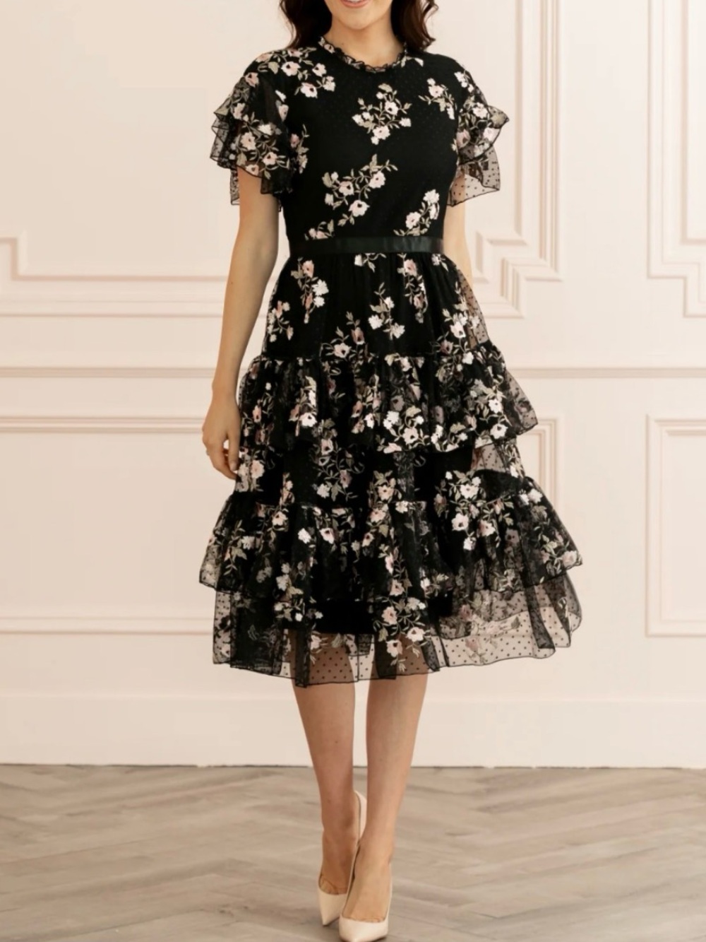 Rachel Parcell Black Floral Tiered Ruffle Midi Dress Size Medium